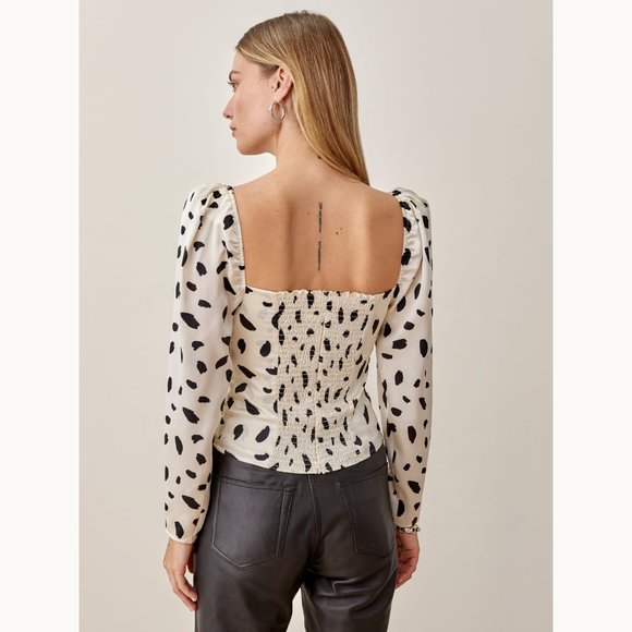 NWT Reformation Abigale Silk Puff Sleeve Square Neck Top in Cream/Ink Size 6 - Picture 3 of 12